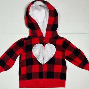 Carter’s Red Buffalo Plaid Fleece Jacket Size 6M Hooded Heart Detail Zip Up